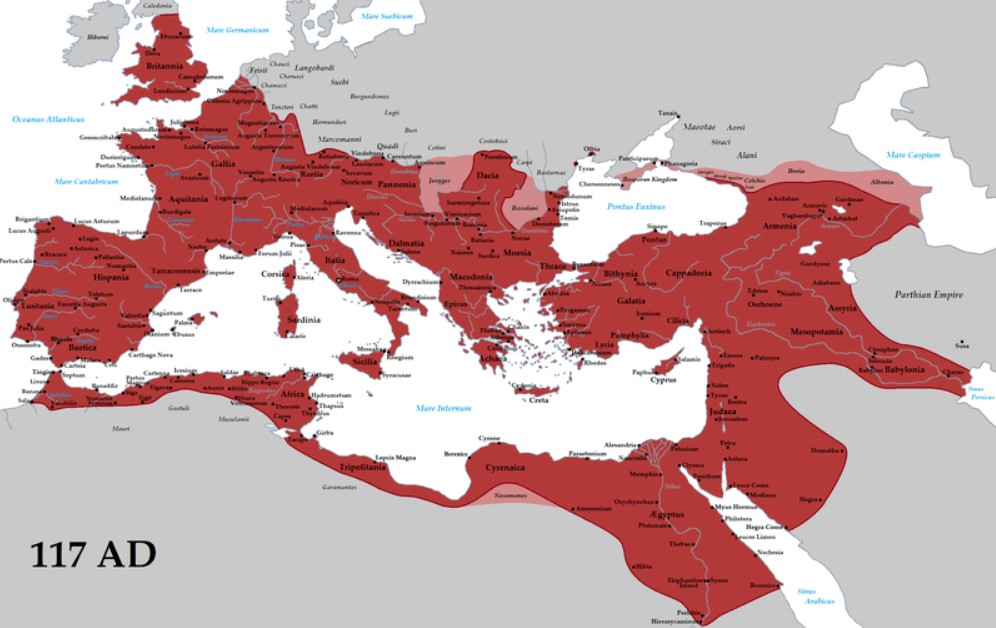 Estensione dell\'impero romano all'inizio del principato di Adriano, 117 d.C.