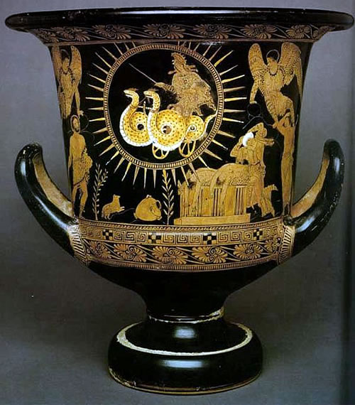 Medea sul suo carro trainato da serpenti. Cratere lucano a figure rosse (IV sec. a.C.) Cleveland Museum of Art, Cleveland (USA)