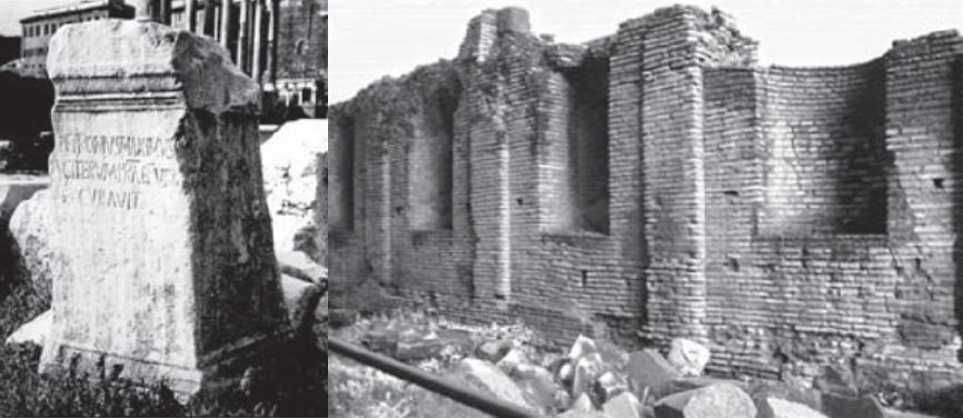 Restauro dopo 410 d.C. - sinistra)Base con dedica a Petronio Massimo; destra) Muro laterale ovest con nicchie
