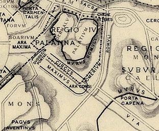 La valle Murcia con il tracciato del Circo Massimo in età arcaica – Lugli-Gismondi, 1949