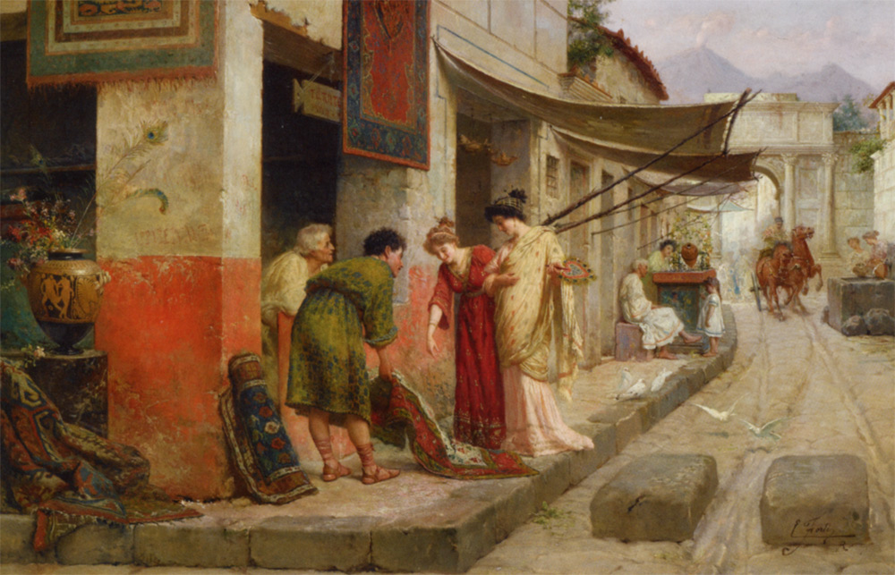 A painting depicting tabernae of carpet dealers by Edoardo Ettore Forti (1850-1940)