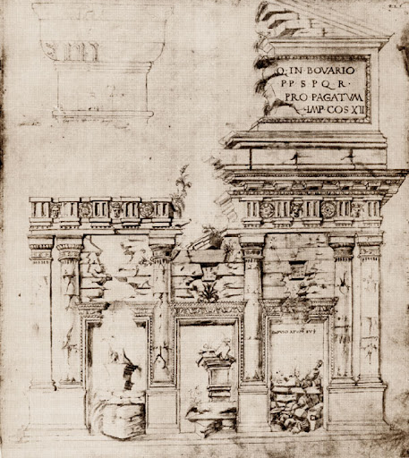 Giuliano da Sangallo – Disegno ad inchiostro delle rovine della Basilica Emilia, 1480 - Codice Barberiniano Latino, Biblioteca Vaticana SCV