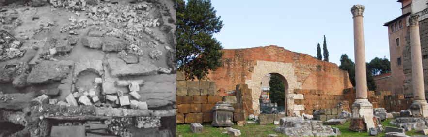 Basilica Emilia: sinistra) 1899 foto da pallone aerostatico del rinvenimento a terra per crollo simultaneo nel terremoto del 847 della parete con accesso all'aula e altri elementi architettonici; destra) oggi come da ricostruzione del 1939