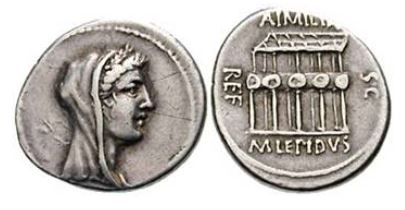 Sesterzio emesso dal censore Lepido nel 61 a.C.: al verso testa aurata di vestale o vergine Aemilia, al reverso la basilica Emilia dopo il restauro del 78 a.C.