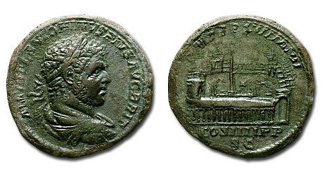 Sesterzio di Caracalla, al retro il Circo Massimo come appariva all'inizio del III secolo d.C.
