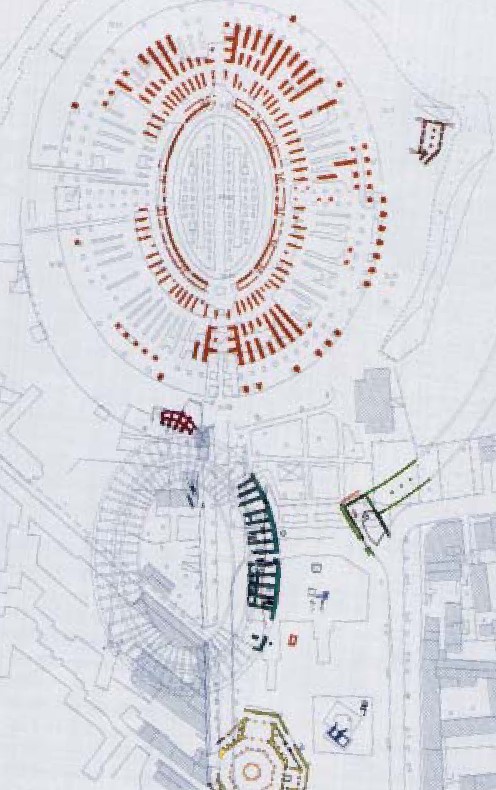 Rilievi e mappe anfiteatro di Capua. 1) blu, II sec. a.C.= anfiteatro repubblicano 2) rosso, II secolo d.C.= anfiteatro imperiale