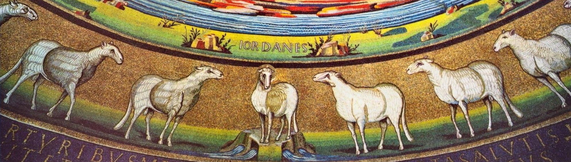 Mosaico abside della Basilica dei SS Cosma e Damiano: cornice inferiore, la sorgente dei fiumi del  Paradiso