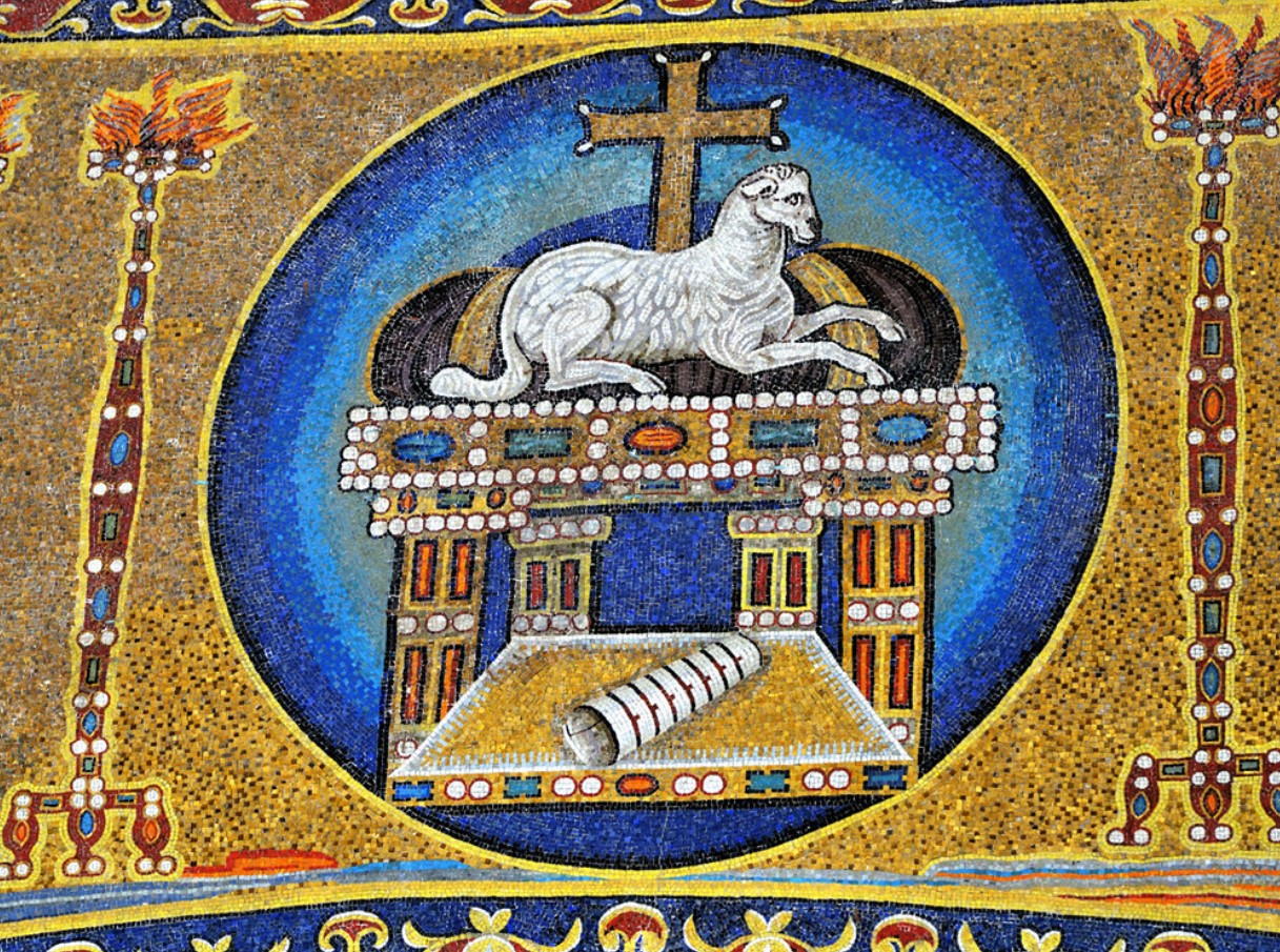 Mosaico arco absidale, particolare Agnus Dei, 695 d.C. - Basilica SS Cosma e Damiano, Roma IT
