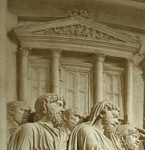 Bas-relief with Marcus Aurelius making a sacrifice in front of the Temple of Jupiter. In the background, the pronaos of the Temple with doors that allow access to the three cells of the Capitoline Triad: Jupiter, Juno and Minerva - Palazzo dei Conservatori, Rome IT