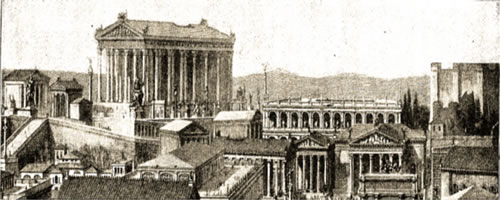 Engraving - Jupiter Optimal Temple Maximus from the Capitoline Hill overlooks the Forum