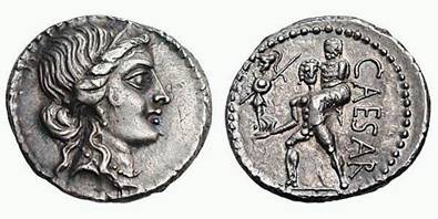 Denarius, 47 a.C. - Emissione Nord Africa,  al dritto Venere, al verso Enea che porta Amchise ed il Palladium
