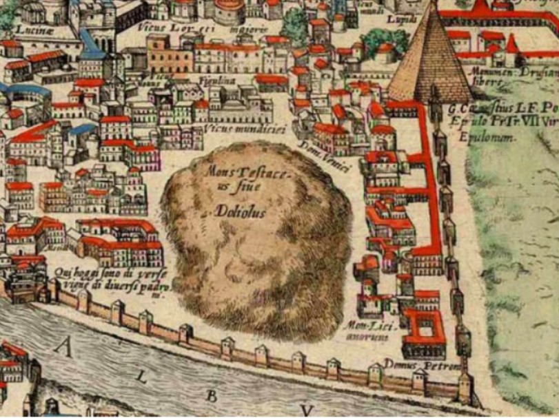 Frans Hogenber – Georg Braun. Mappa di Roma antica, particolare con Mons Testaceus 1588