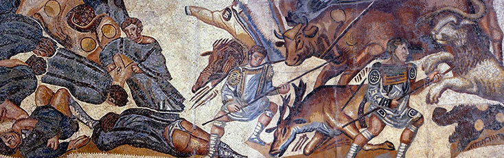 Mosaico pavimentale con scene di venationes da prprietà Borghese lungo Via Casilina, III-IV secolo d.C. - Museo di Villa Borghese, Roma IT