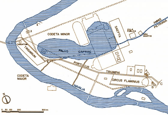 Il Campo Marzio meridionale in età tardo repubblicana secondo Coarelli.In grigio sono indicati la platea del tempio di Apollo Medico (A) e il tempio dellaPietas (B) e la porta Carmentale C (elaborazione da Coarelli 1997