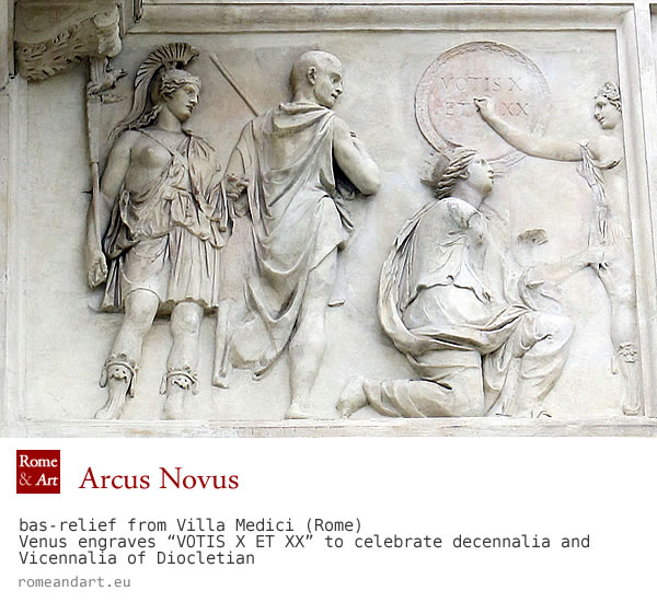 Bassorilievo da Arcus Novus, Venere incide “Votis X et XX” per celebrare Decennalia e Vicennalia di Diocleziano– Facciata Villa Medici, Roma