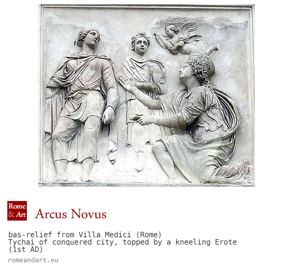 Bassorilievo da Arcus Novus, Tychai di città conquistata, inginocchiata e sormontata da Erote, I sec. D.C.– Facciata Villa Medici, Roma