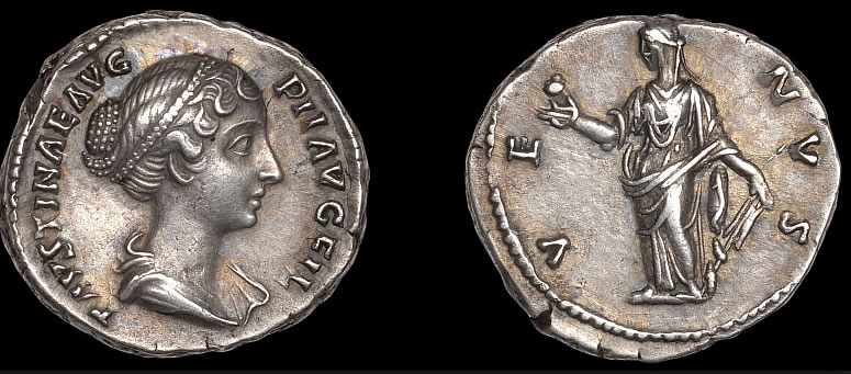 Denario, emissione II sec. d.C.- Faustina Minore, moglie di Marco Aurelio, con diadema di perline
