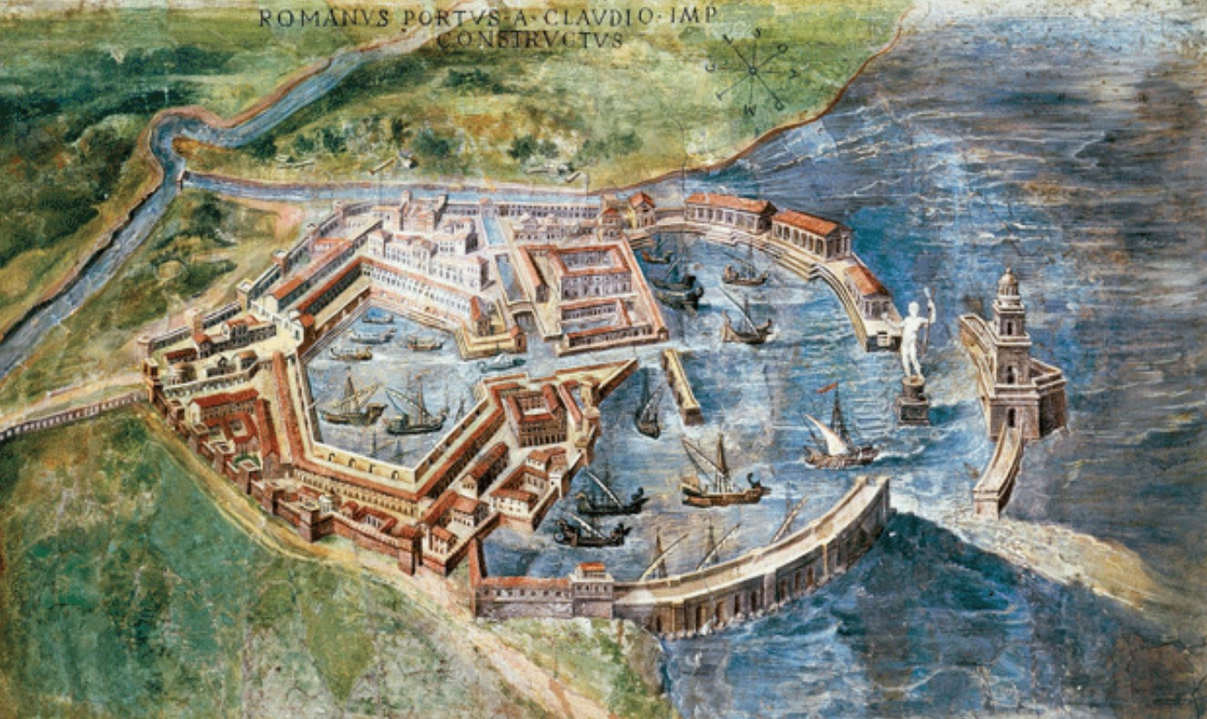 Ricostruzione del porto di Claudio ed il porto di Traiano. Affresco di Ignazio Danti, 1582 – Galleria delle carte geografiche SCV Roma.