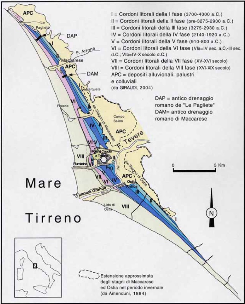Estensione dei cordoni litorali nei pressi del della foce del Tevere – Giraudi 2004