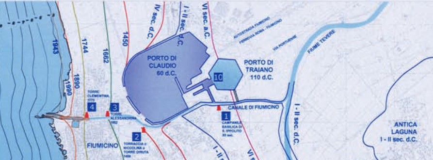 Evoluzione della linea di costa alla foce del Tevere; BERSANI & MORETTI, 2008