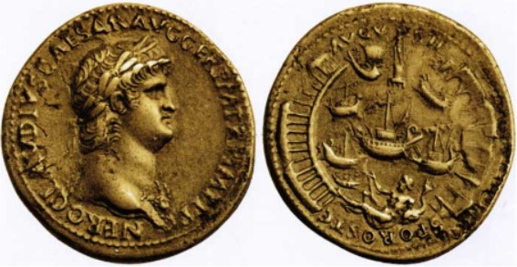 Sesterzio emesso nel 64 d.C. da Nerone per l\'inaugurazione del Porto di Ostia