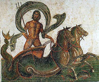 Roman mosaic - Poseidon pulled by seahorses - Sousse Museum