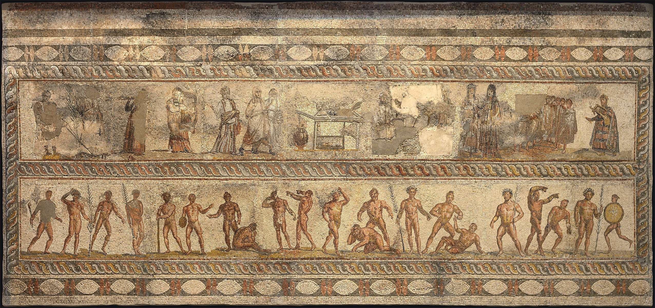 Mosaico con rappresentazione di atleri e artisti impegnati nei Ludi, III secolo AD – Museo Archeologico di Patrasso G