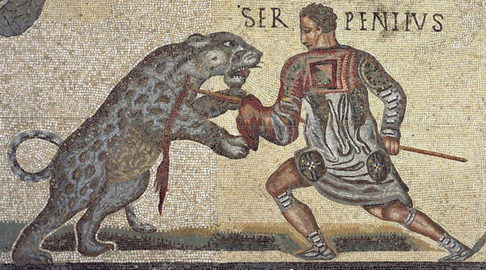 Scena di venatio in mosaico pavimentale da proprietà Borghese lungo Via Casilina, III-IV secolo d.C. - Museo di Villa Borghese, Roma IT