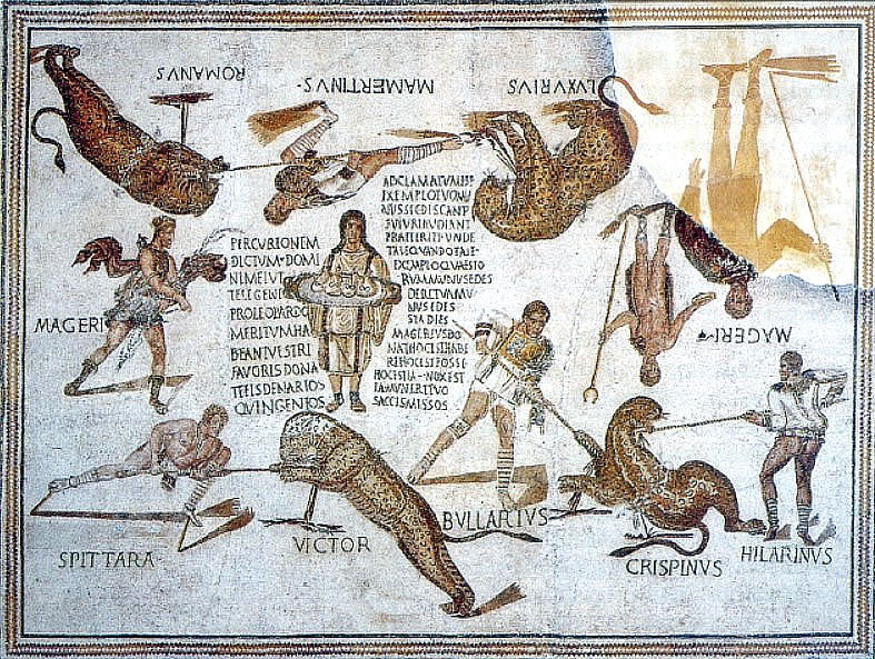 Scene di venationes dal pannello centrale del mosaico di Smirat